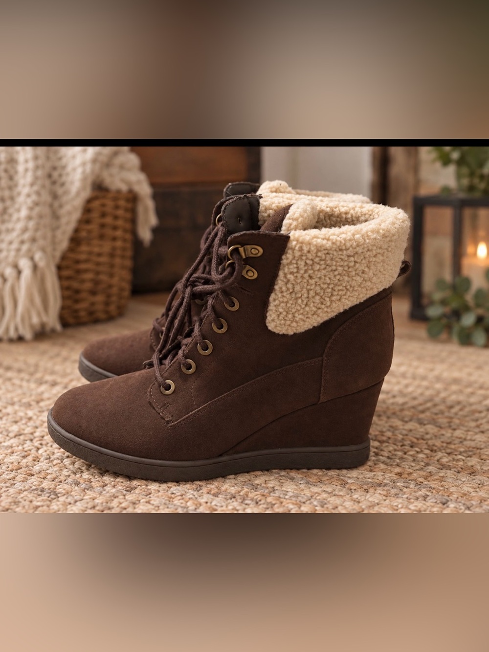 Wedge Lace-Up Ankle Boots with Sherpa Collar - Brown